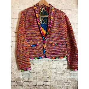 Bev Cobb Artsy Jacket Womens XL Art To Wear Rare Fabb Raggs Mexican Rug Fabric
